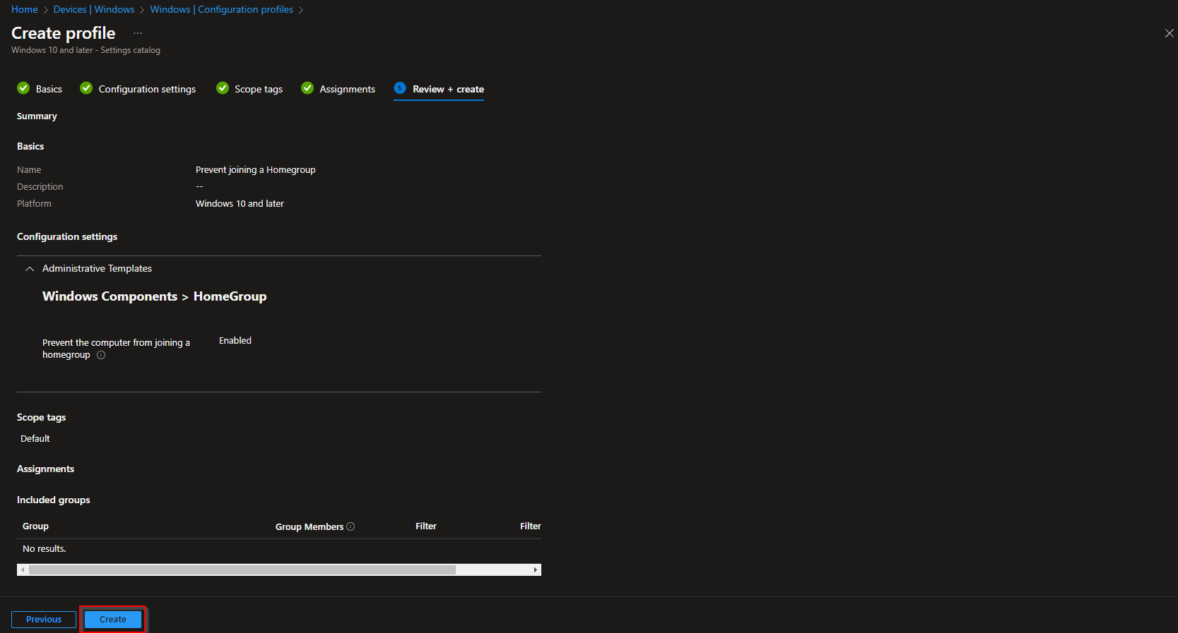 Review and create the configuration profile